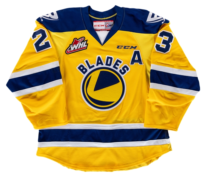 Braylon Shmyrs 2017-18 WHL Saskatoon Blades Game-Worn Alternate Captains Jersey with Team LOA