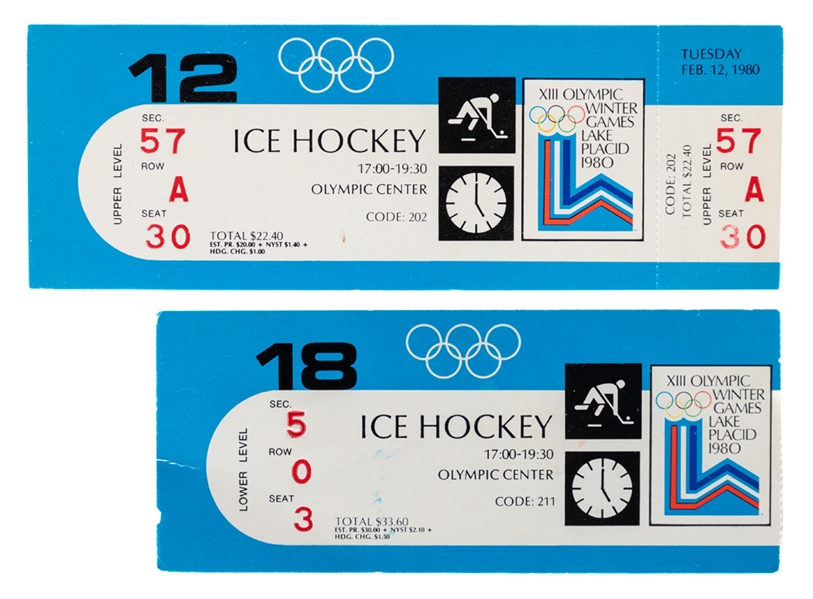 1980 Lake Placid Winter Olympic Games Hockey Full Ticket and Stub Collection of 2 Including Team USAs Opening Game