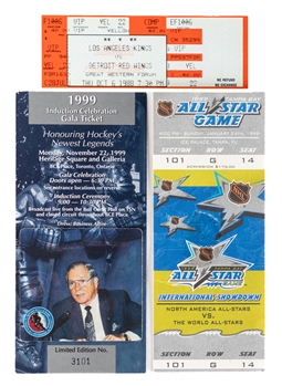 Wayne Gretzky 1989 to 1999 Career Milestone Ticket Collection Including First Game with Los Angeles, Final All-Star Game and Hockey Hall of Fame Induction 