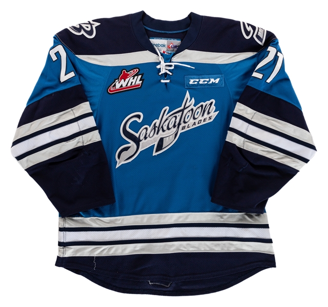 Lukus MacKenzies Mid-to-Late-2010s WHL Saskatoon Blades Game-Worn Third Jersey - Team Repairs! 