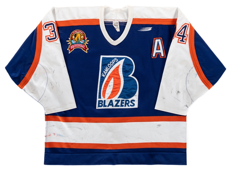 Jared Aulins 1998-99 WHL Kamloops Blazers Game-Worn Alternate Captains Jersey with LOA - 1999 Memorial Cup Patch!