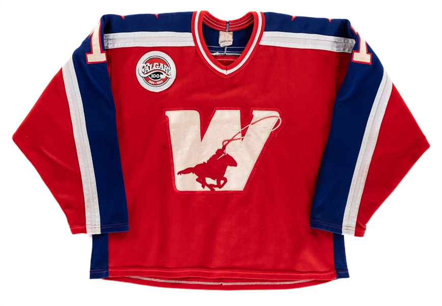 Vintage 1984-85 WHL Calgary Wranglers #1 Game-Worn Jersey Attributed to Chris Churchill - Calgary 100th Anniversary Patch!