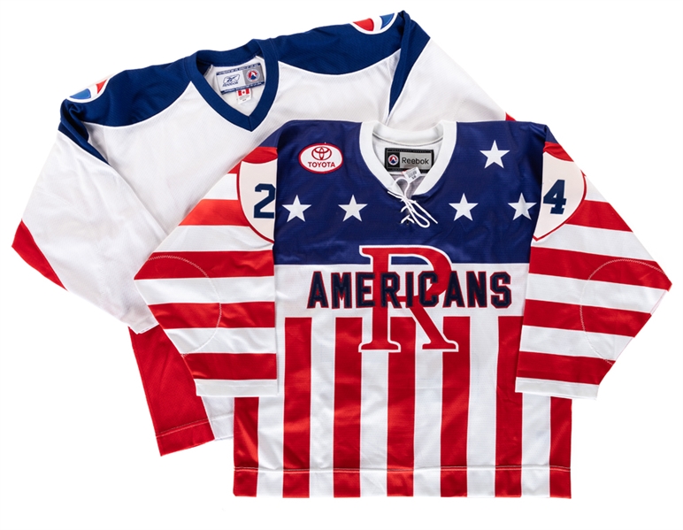 Adam Comries 2010-11 AHL Rochester Americans "Throwback Series" Game-Worn "Stars and Stripes" Jersey Plus Jiri Novotnys 2005-05 AHL Rochester Americans Warm-Up Worn Jersey