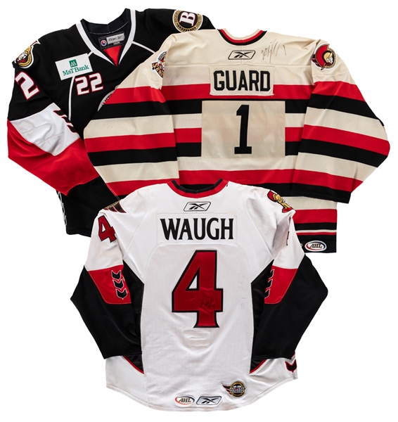 Kelly Guards 2005-06 (Throwback), Geoff Waughs 2007-08 and Matt Carkners 2008-09 AHL Binghamton Senators Game-Worn Jerseys