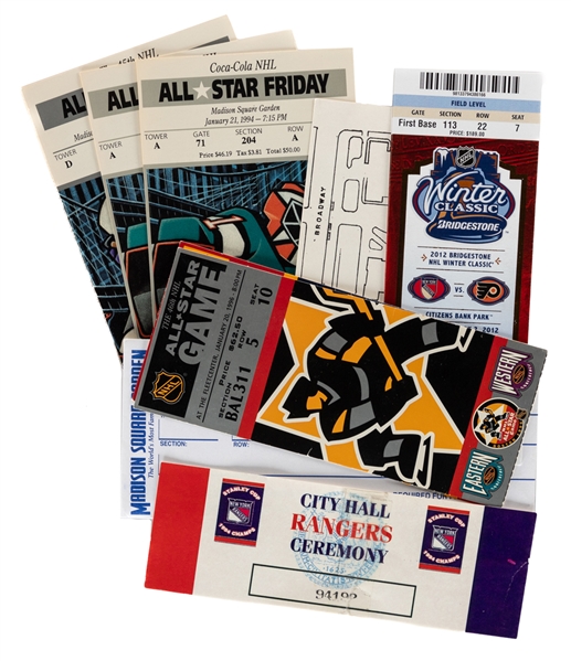 1994 Rangers Stanley Cup Parade Ticket + Instruction Card Plus 1994, 1996 ASG Tickets and 2012 Winter Classic