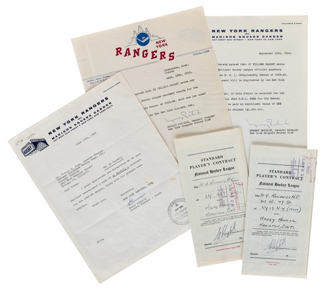 Harry Howell 1961-62 and 1967-69 NY Rangers NHL Contracts Plus Gadsby Bonus Documents and MacNeil Document Signed by Deceased HOFer Emile Francis