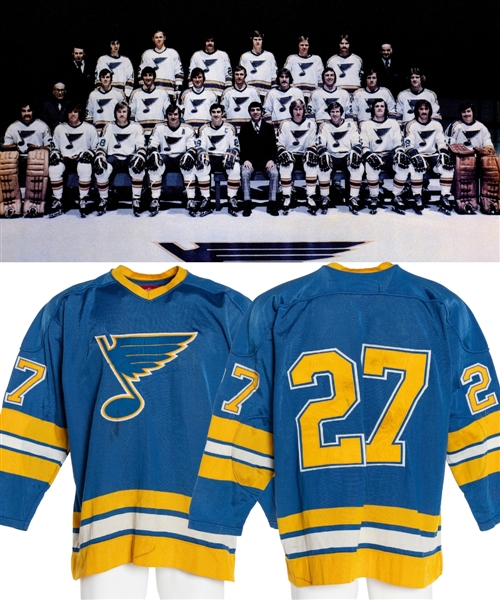 Vintage Circa 1974-75 St. Louis Blues #27 Game-Worn Jersey Attributed to Dave Gardner and Craig Patrick from Kimmo Leinonens Personal Collection with LOA