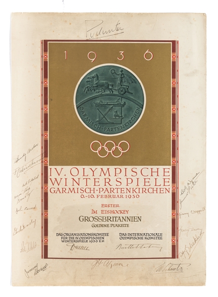 1936 Winter Olympics Great Britain Hockey Team Gold Medal Winners Team-Signed Diploma (Leinonens Collection w/LOA) - Includes Deceased HOFers Bunny Ahearne (HHOF/IIHF) & Carl Erhardt (IIHF)