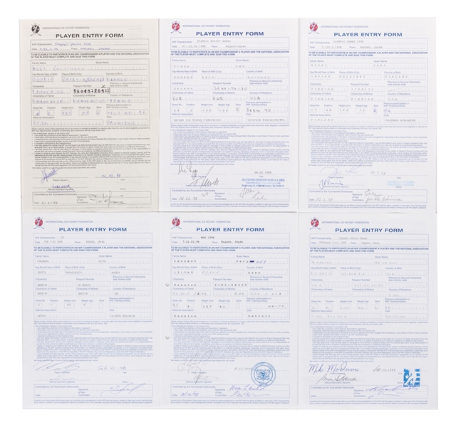 International Ice Hockey Federation 1998 Winter Olympic Games Signed Player Entry Form Collection of 6 Including Kurri, Modano, Forsberg and Fedorov from Kimmo Leinonens Personal Collection with LOA