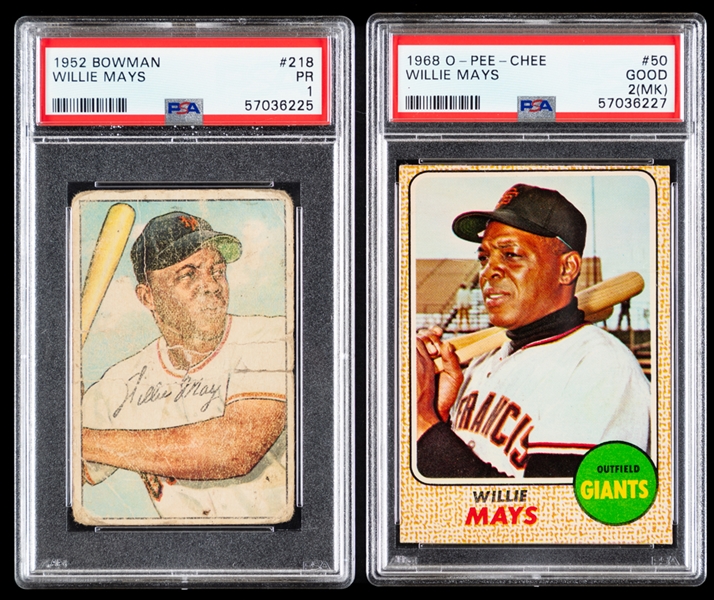 1952 Bowman Baseball Card #218 HOFer Willie Mays (Graded PSA 1) and 1968 O-Pee-Chee Baseball Card #50 HOFer Willie Mays (Graded PSA 2 MK)