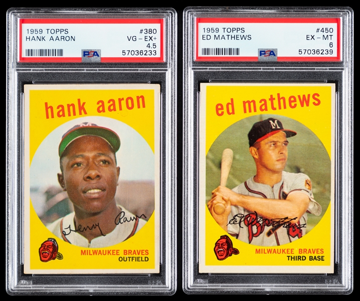 1959 Topps Baseball Card #380 HOFer Hank Aaron (Graded PSA 4.5) and 1959 Topps Baseball Card #450 HOFer Ed Mathews (Graded PSA 6)