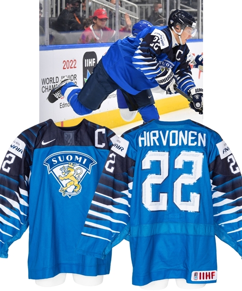 Roni Hirvonens 2022 IIHF World Junior Championship Team Finland Game-Worn Captains Jersey - Nice Game Wear! - Photo-Matched!