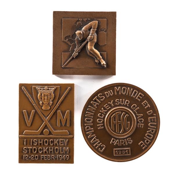 1934 (Milan, Italy), 1949 (Stockholm, Sweden) and 1951 (Paris, France) IIHF World Championships Participation Medals from Kimmo Leinonens Personal Collection with LOA