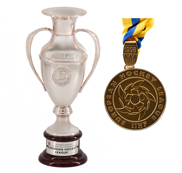 1998 IIHF European Hockey League Gold Medal Plus European Hockey League Miniature Trophy Presented to Winners from Kimmo Leinonens Personal Collection with LOA