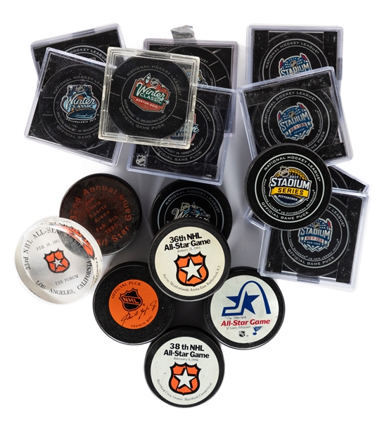 Frank Browns 1980 to 2018 NHL Special Event Game Puck & Souvenir Puck Collection of 36 Incl. All-Star Game, Stanley Cup Playoffs and Finals, Winter Classic and Others Plus Additional Souvenir Pucks