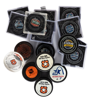 Frank Browns 1980 to 2018 NHL Special Event Game Puck & Souvenir Puck Collection of 36 Incl. All-Star Game, Stanley Cup Playoffs and Finals, Winter Classic and Others Plus Additional Souvenir Pucks