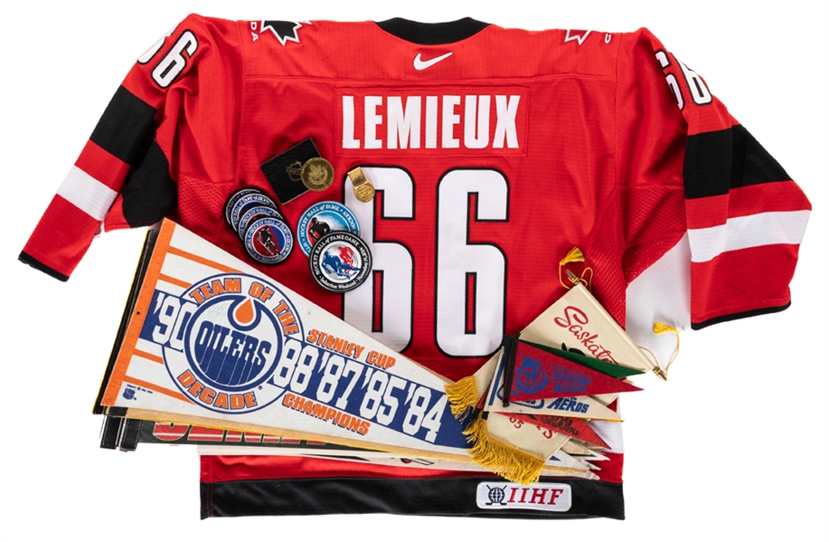 Kimmo Leinonens NHL, IIHF and HHOF Memorabilia Collection including 1972 NHL All-Star Game Money Clip, Mario Lemieux 2002 Team Canada Jersey, Patches, Pennants from His Personal Collection with LOA