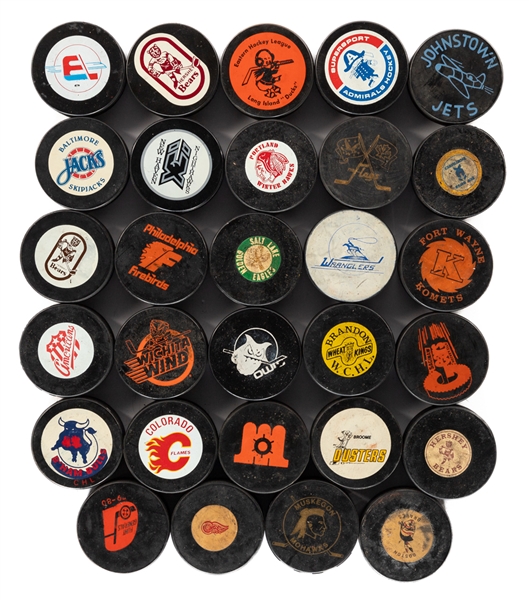 Frank Browns Large 1970s to 1990s NHL, AHL, IHL, NAHL, CHL and Other Leagues Game Puck and Souvenir Puck Collection of 81 from His Personal Collection with LOA  