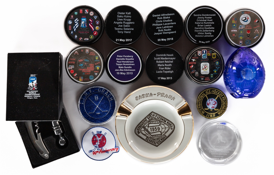 Large 1950s to 2020s International Ice Hockey Federation Memorabilia Collection Including 1959 World Championship Ashtray, Pennants, Commemorative Gifts, Pucks and More with LOA