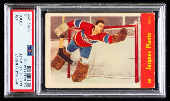 1955-56 Parkhurst Quaker Oats Hockey Card #50 HOFer Jacques Plante Rookie - Graded PSA 2