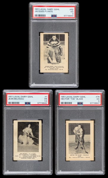 1951-52 Laval Dairy QSHL Hockey Complete 109-Card Set Including PSA-Graded Cards of HOFers #1 Jean Beliveau (Pre-Rookie), #92 Jacques Plante (Pre-Rookie) and #76 Hector "Toe" Blake