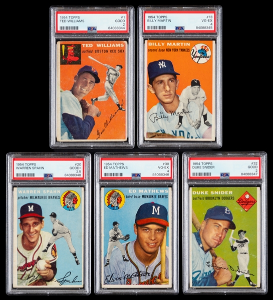 1954 Topps Baseball Baseball Cards (39) with PSA-Graded Cards (5) Including HOFers #1 Williams, #13 Martin, #20 Spahn, #30 Matthews and #32 Snider