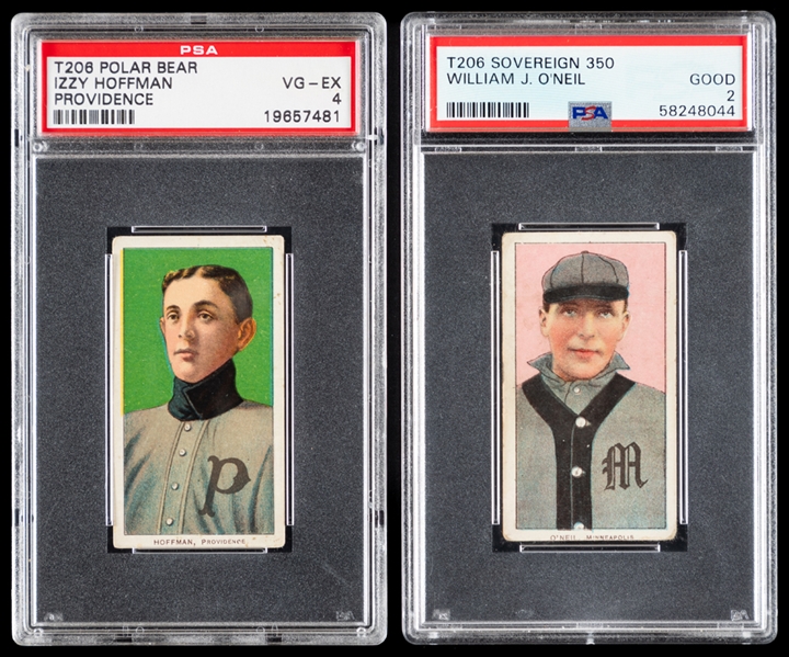 1909-11 T206 Baseball Cards (2) Izzy Hoffman (Providence - Polar Bear Back - PSA 4) and William J. ONeil (Sovereign Cigarettes 350 Back - PSA 2)