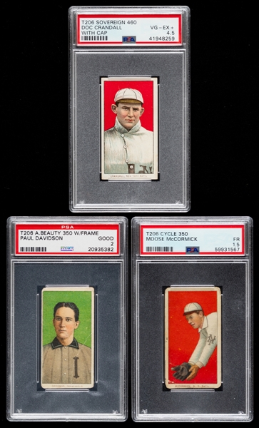 1909-11 T206 Baseball Cards (3) Doc Crandall (w/Cap - Sovereign Cigarettes 460 Back - PSA 4.5), Paul Davidson (American Beauty 350 Back w/Frame - PSA 2) and Moose McCormick (Cycle 350 Back - PSA 1.5)