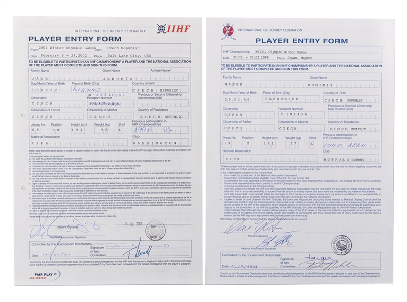 International Ice Hockey Federation 2002 Winter Olympic Games Signed Player Entry Form Collection of 6 Including Jagr, Hasek, Sakic and Selanne from Kimmo Leinonens Personal Collection with LOA