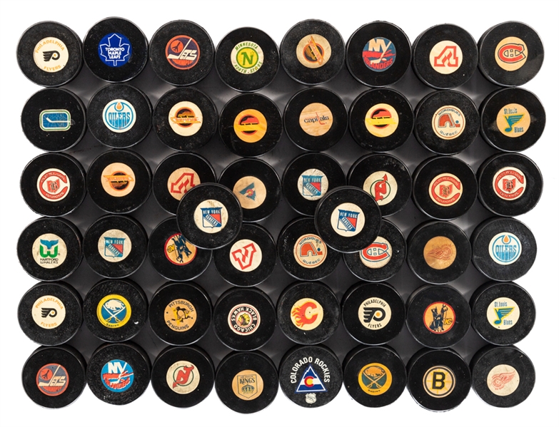 Frank Browns NHL Viceroy 1973-83 Official Game Puck Collection of 50 from His Personal Collection with LOA 