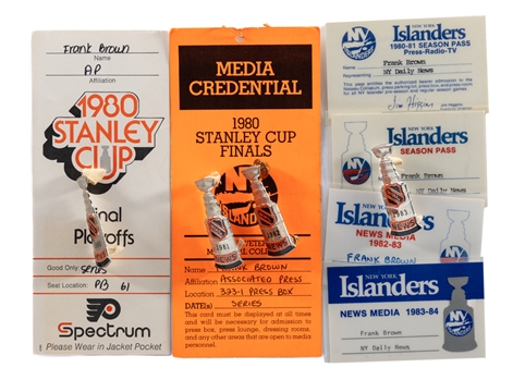 Frank Browns 1980 to 1983 Stanley Cup Playoffs/Finals Press Pin Collection of 4 Plus Collection of New York Islanders Press Passes from His Personal Collection with LOA 