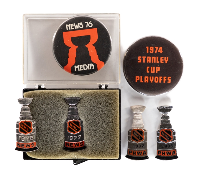 Frank Browns 1975 to 2007 Stanley Cup Press Pin Collection of 12 Plus 1974 and 1976 Stanley Cup Playoffs Pinback Buttons/Passes from His Personal Collection with LOA