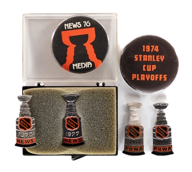 Frank Browns 1975 to 2007 Stanley Cup Press Pin Collection of 12 Plus 1974 and 1976 Stanley Cup Playoffs Pinback Buttons/Passes from His Personal Collection with LOA