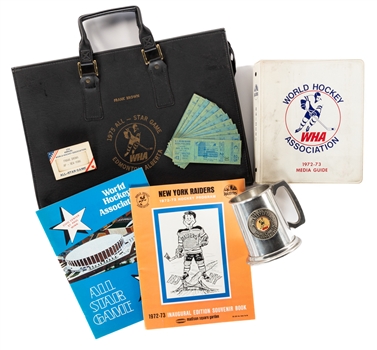 Frank Browns 1970s World Hockey Association Memorabilia Including Programs, Media Guides, 1975 All-Star Game Briefcase, Media Passes/Tickets and More from His Personal Collection with LOA