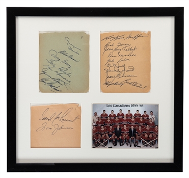 Montreal Canadiens 1955-56 Stanley Cup Champions Team-Signed Sheets Framed Display Including Deceased HOFers Plante, Harvey, Beliveau, Richard Bros and Others (15" x 16")