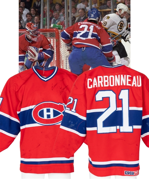 Guy Carbonneaus 1988-89 Montreal Canadiens Signed Game-Worn Jersey - 50+ Team Repairs! - Nice Game Wear! - Photo-Matched!