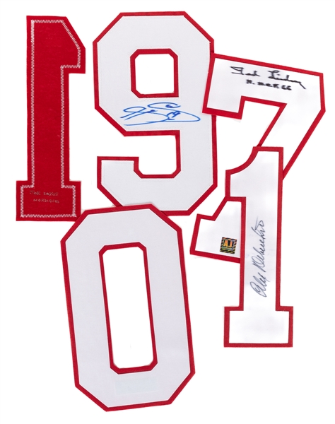 Detroit Red Wings Signed Jersey Numbers for Delvecchio and Lindsay Plus Joe Sakic Signed Jersey Number (COAs) - Retired Numbers!