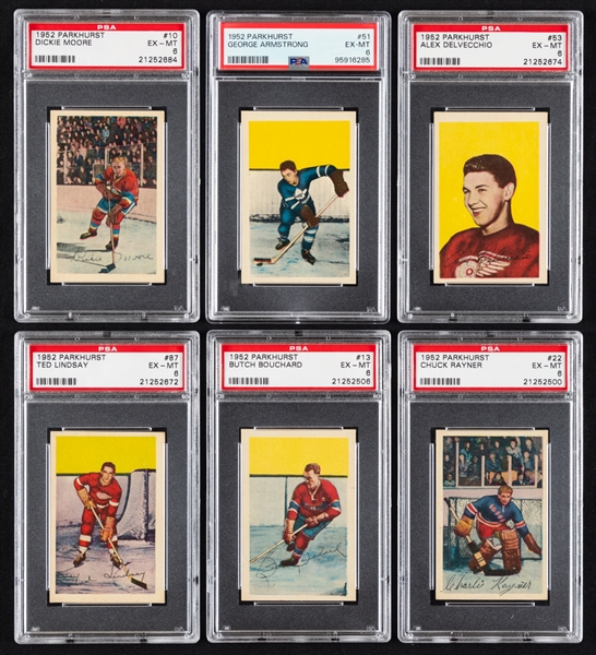 1952-53 Parkhurst PSA-Graded Hockey Cards (26) Including HOFers #10 Moore Rookie, #51 Armstrong Rookie, #53 Delvecchio, #87 Lindsay and Others - All Graded EX-MT 6