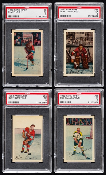 1952-53 Parkhurst PSA-Graded Hockey Cards (16) Including HOFers #6 Lach, #68 Quackenbush, #86 Sawchuk and #93 Olmstead - All Graded EX 5