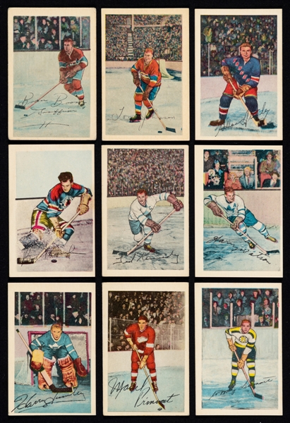 1952-53 Parkhurst Hockey Cards (36) Including HOFers #3 Geoffrion, #9 Johnson, #21 Stanley, #27 Mosienko, #44 Kennedy, #46 Watson, #59 Lumley, #61 Pronovost, #72 Dumart & #14 Harvey (PSA 4) Plus Album