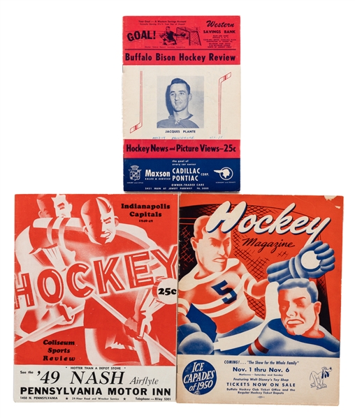 Terry Sawchuk (1948-49 and 1949-50 Indianapolis Capitals) and Jacques Plante (1953-54 Buffalo Bison) Pre-NHL Programs (3)