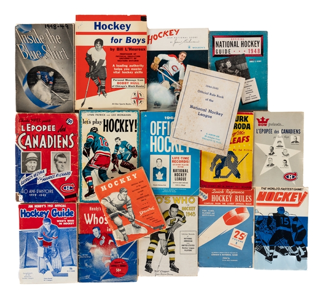 1940s to 1960s NHL Guide and Booklet Collection of 16 Including 1948-49 Second Year NY Rangers Media Guide