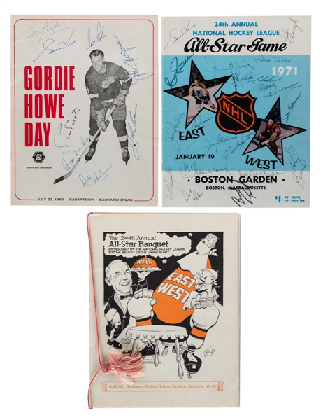 Dave Balons 1971 NHL All-Star Game "East Division" Team-Signed Program by 19 Incl. HOFers Howe, Orr, Keon and Others Plus 1966 Gordie Howe Day Multi-Signed Program from His Collection with LOA