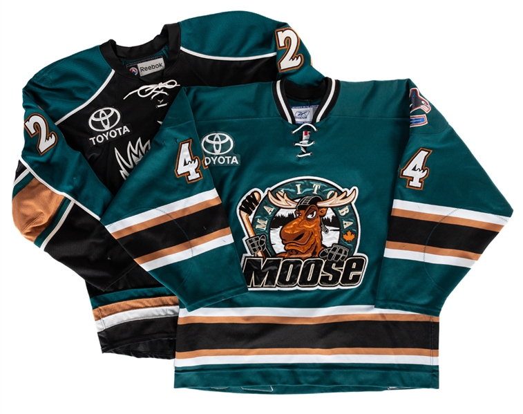 Tommy Maxwells (2009-10 Throwback) and Evan Obergs (2009-10) AHL Manitoba Moose Game-Worn Jerseys