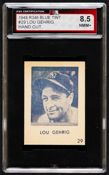 1948 R346 Blue Tint Hand Cut Baseball Card #29 HOFer Lou Gehrig - Graded KSA 8.5