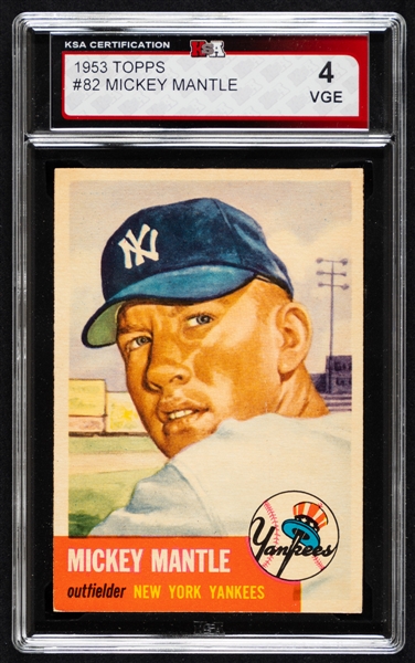 1953 Topps Baseball Card #82 HOFer Mickey Mantle - Graded KSA 4