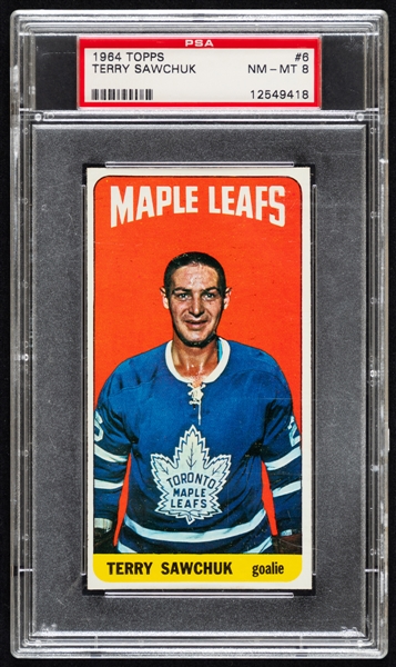 1964-65 Topps Tall Boys Hockey Card #6 HOFer Terry Sawchuk - Graded PSA 8