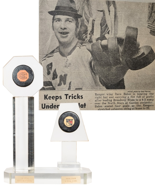 Dave Balons October 12th 1963 Montreal Canadiens "First Goal" Goal Puck and January 24th 1971 NY Rangers "4-Goal Game" Puck Trophy from His Personal Collection with LOA