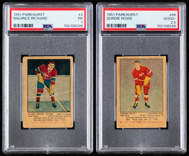 1951-52 Parkhurst Hockey Complete 105-Card Set with PSA-Graded Cards (50) Including Rookie Cards of HOFers #4 Maurice Richard (PR 1) and #66 Gordie Howe (GOOD+ 2.5)