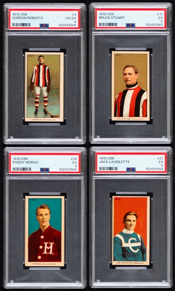 1910-11 Imperial Tobacco C56 Hockey Cards Starter Set (20/36) with PSA-Graded Cards (8) Including HOFers #3 Roberts (VG-EX 4), #17 Stuart (EX 5), #21 Laviolette (EX 5) and #28 Moran (VG 3) 